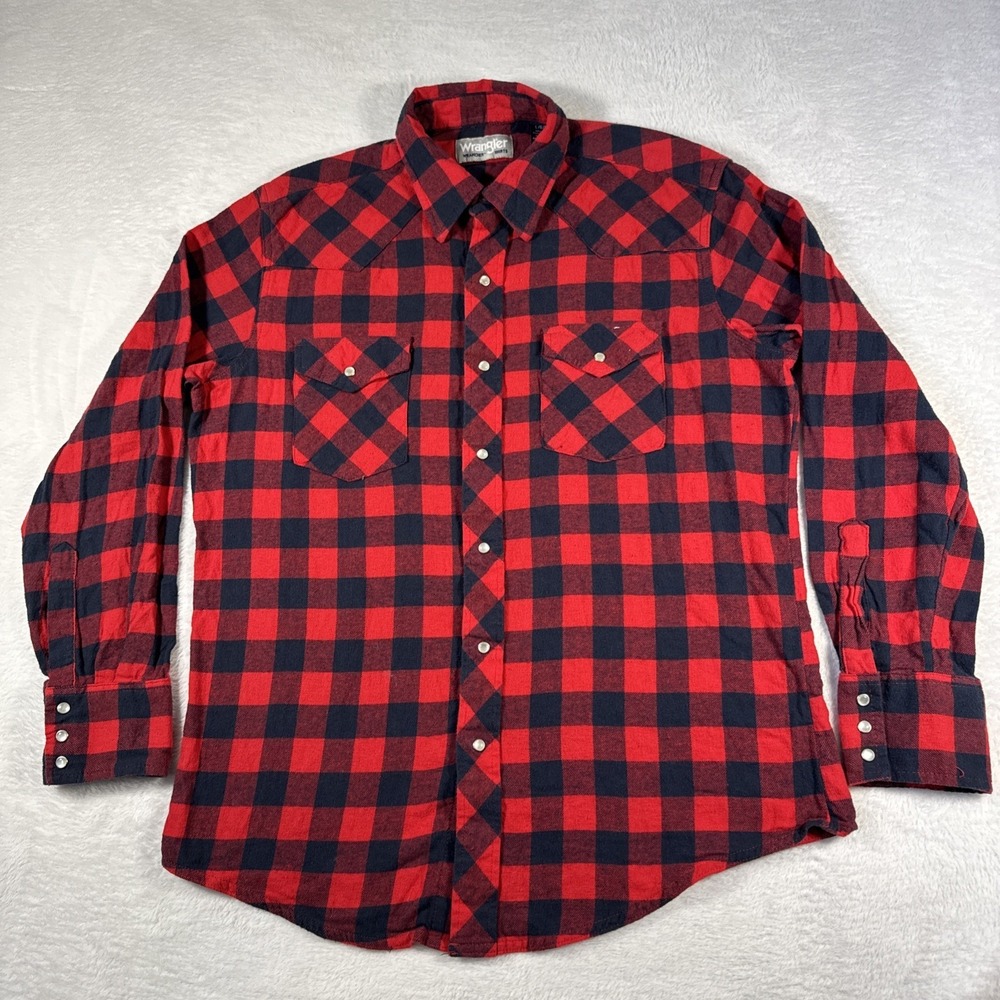 Wrangler Men's Large Red Navy Plaid Pearl Snap Western Shirt Double Pocket